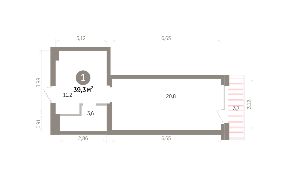 1 комн. Квартира 39.3 кв. м