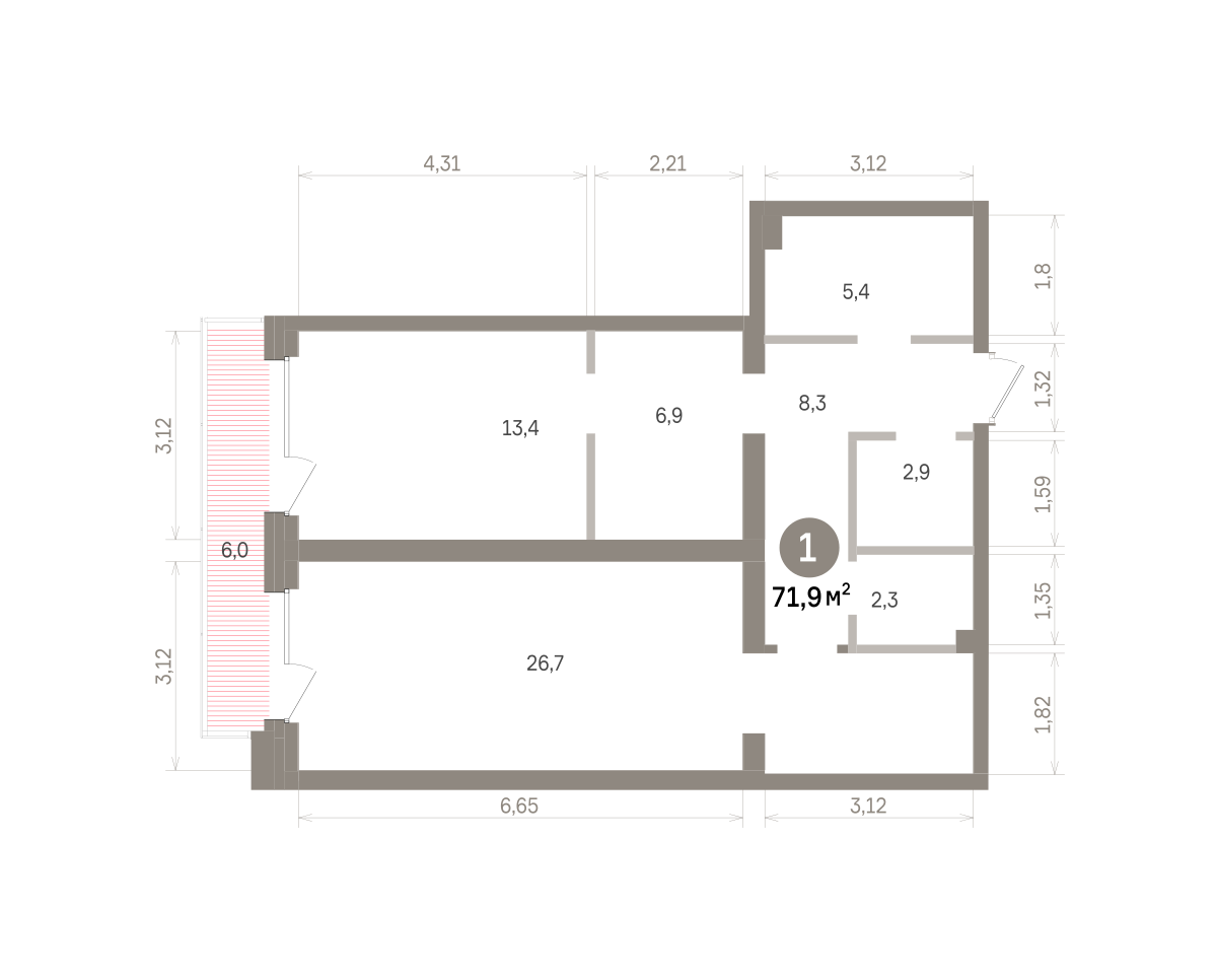 1 комн. Квартира 71.9 кв. м