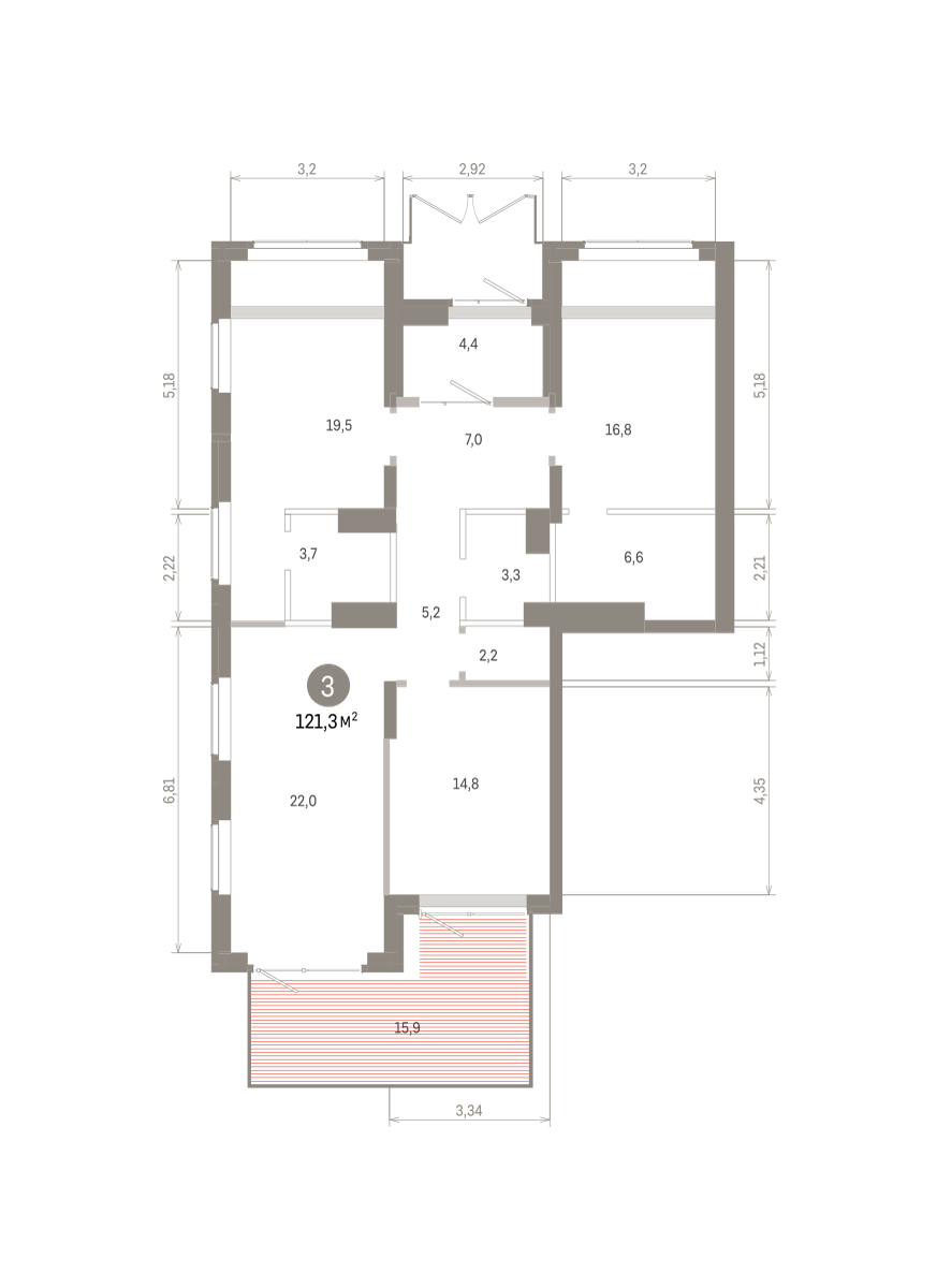 3 комн. Квартира 121.3 кв. м