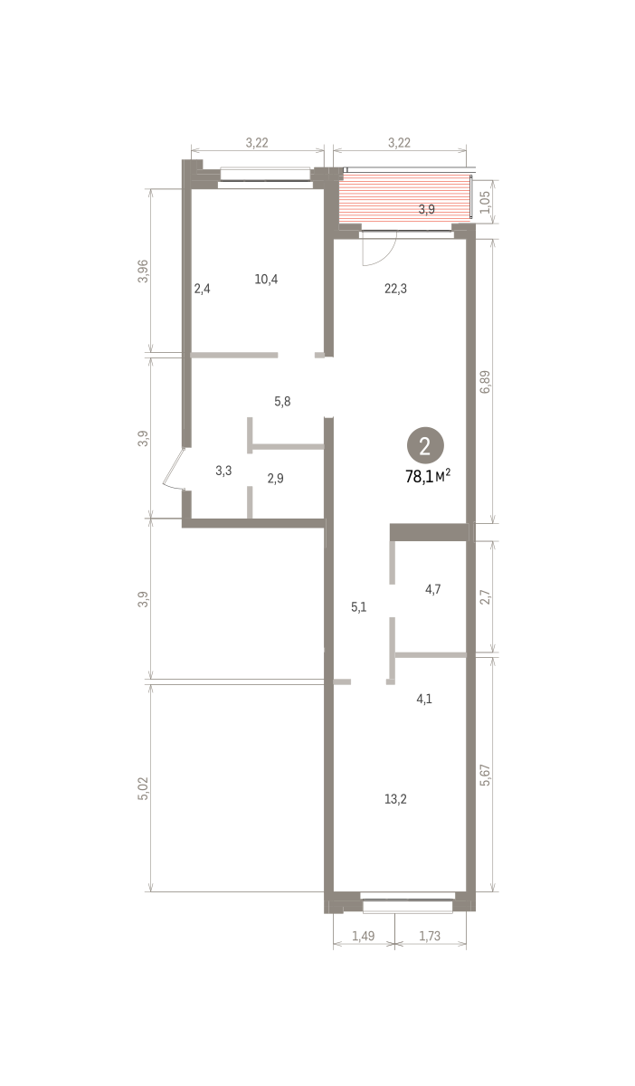 2 комн. Квартира 78.1 кв. м