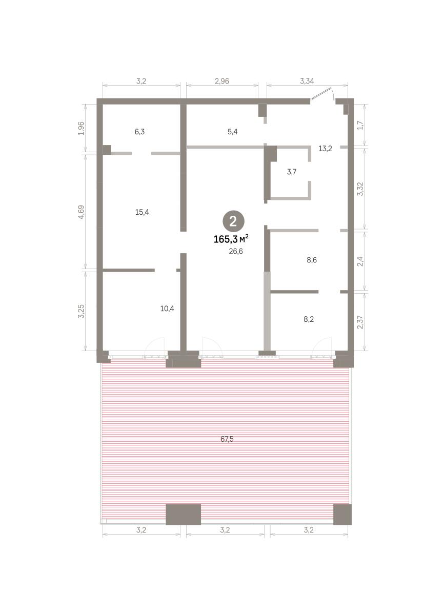2 комн. Квартира 165.3 кв. м