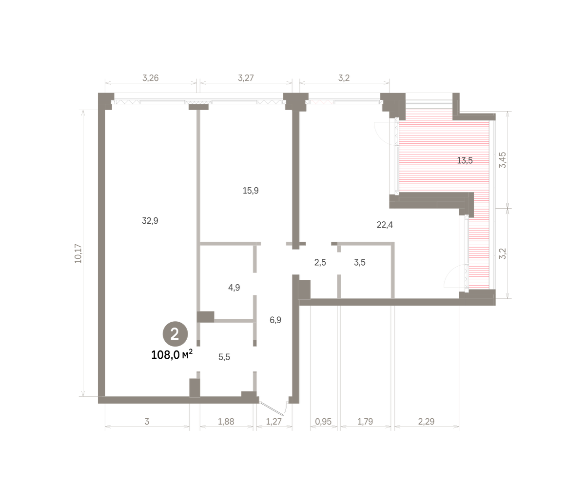2 комн. Квартира 108 кв. м