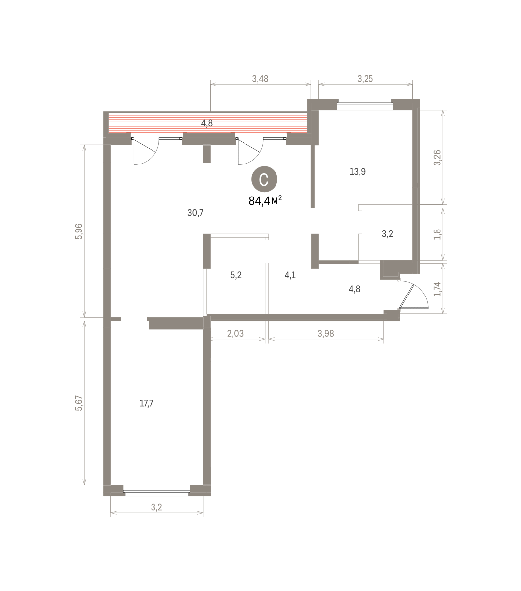 2 комн. Квартира 84.4 кв. м