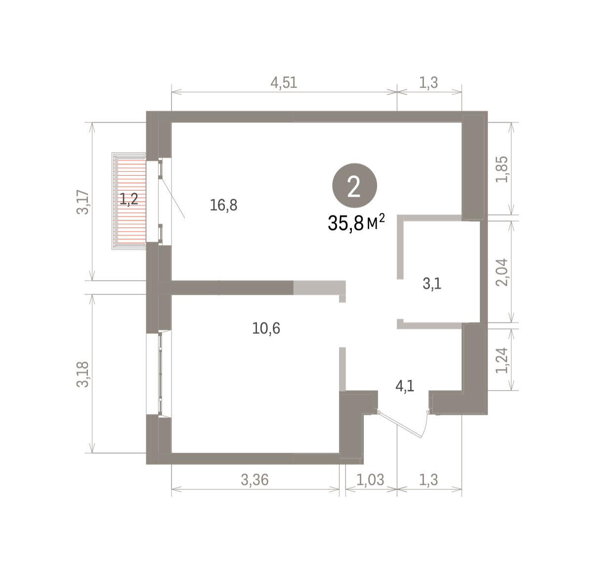 2 комн. Квартира 35.8 кв. м