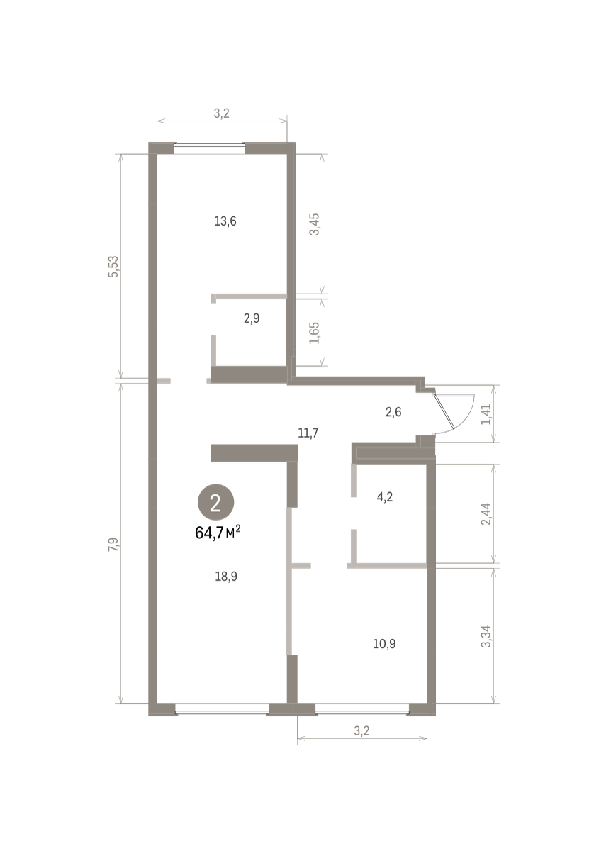 2 комн. Квартира 64.7 кв. м
