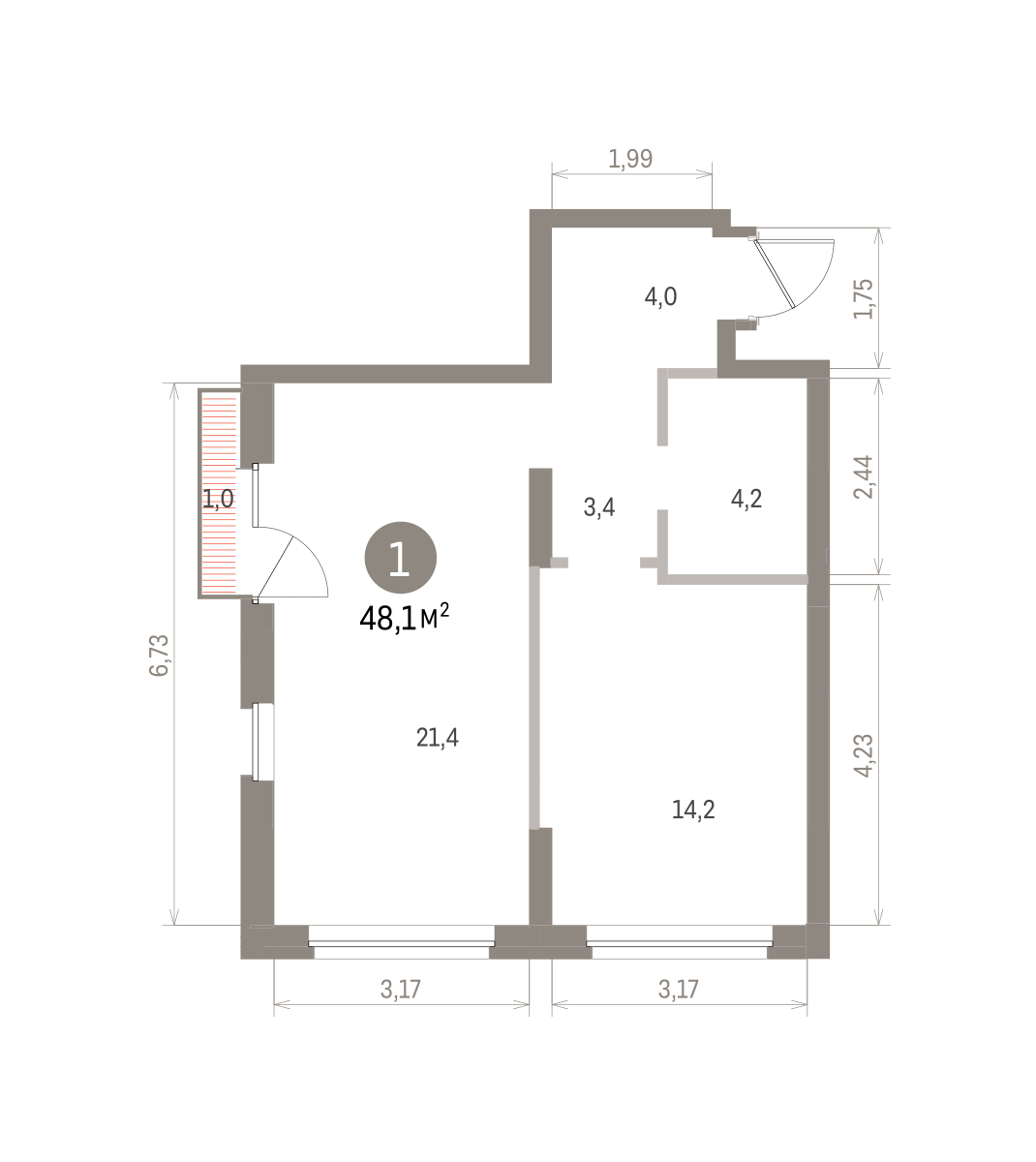 1 комн. Квартира 48.1 кв. м