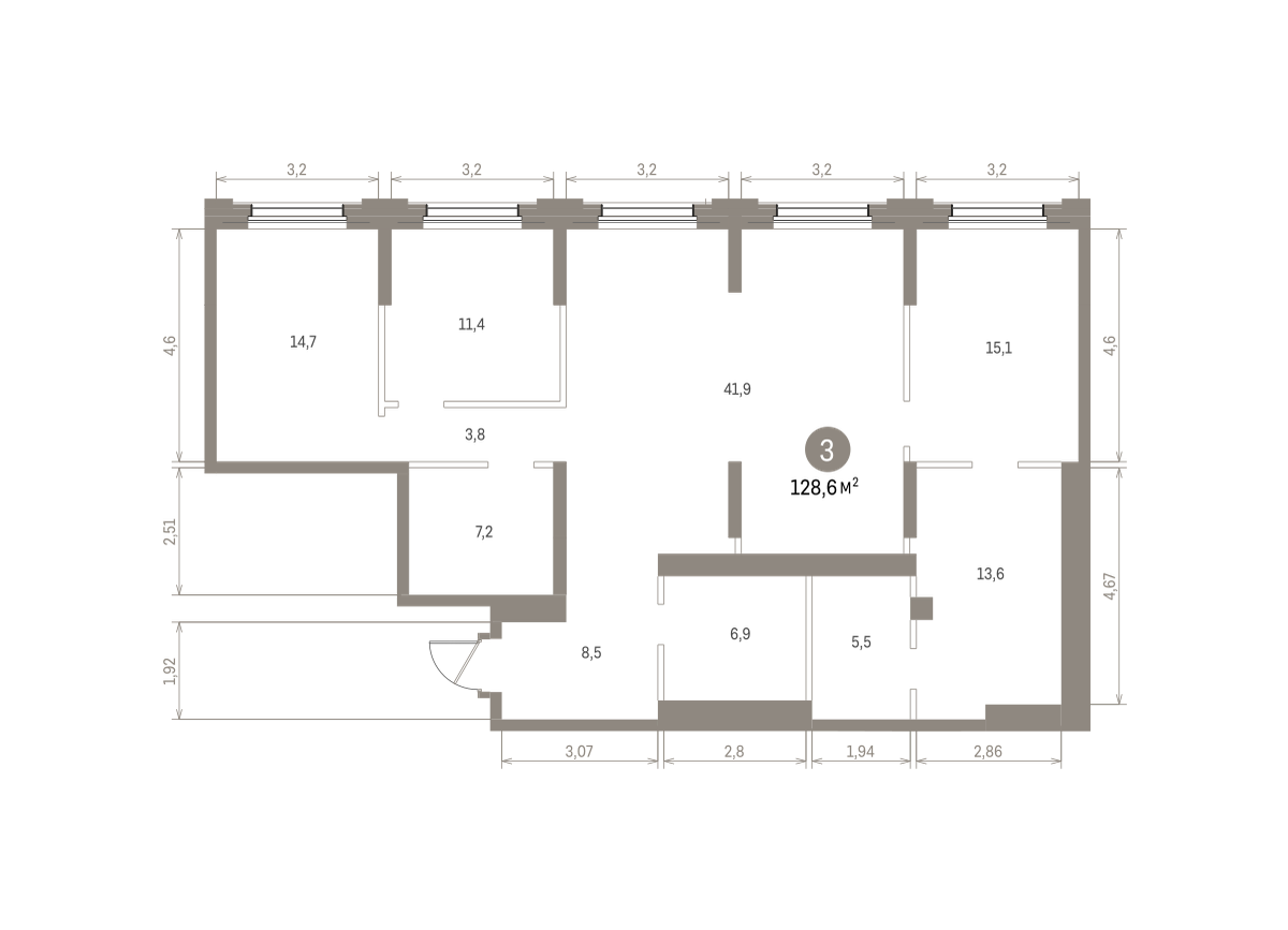 3 комн. Квартира 128.6 кв. м