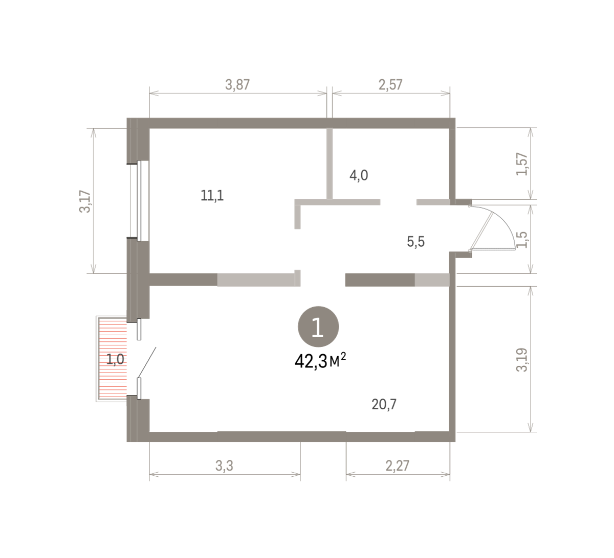 1 комн. Квартира 42.3 кв. м