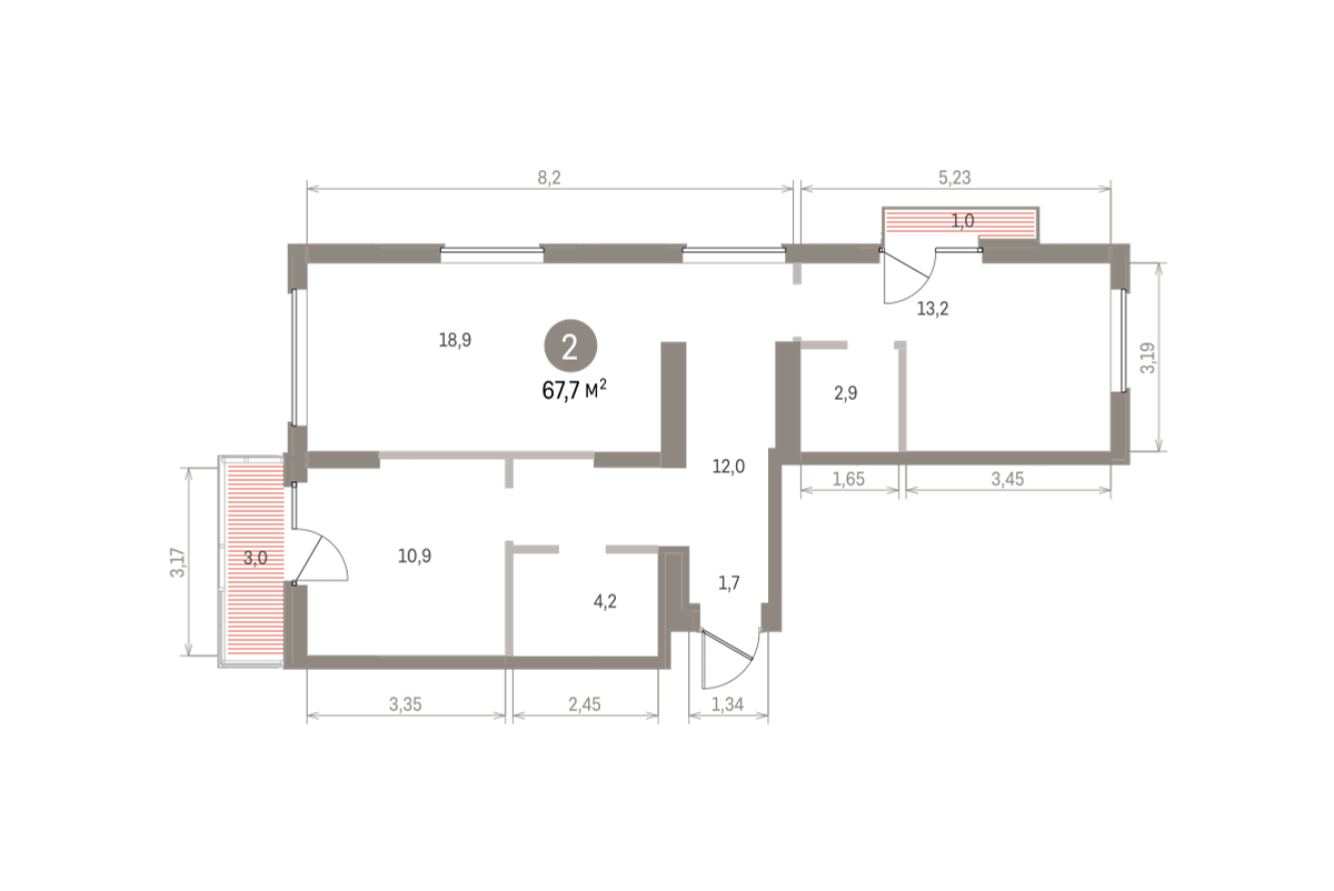 2 комн. Квартира 67.7 кв. м