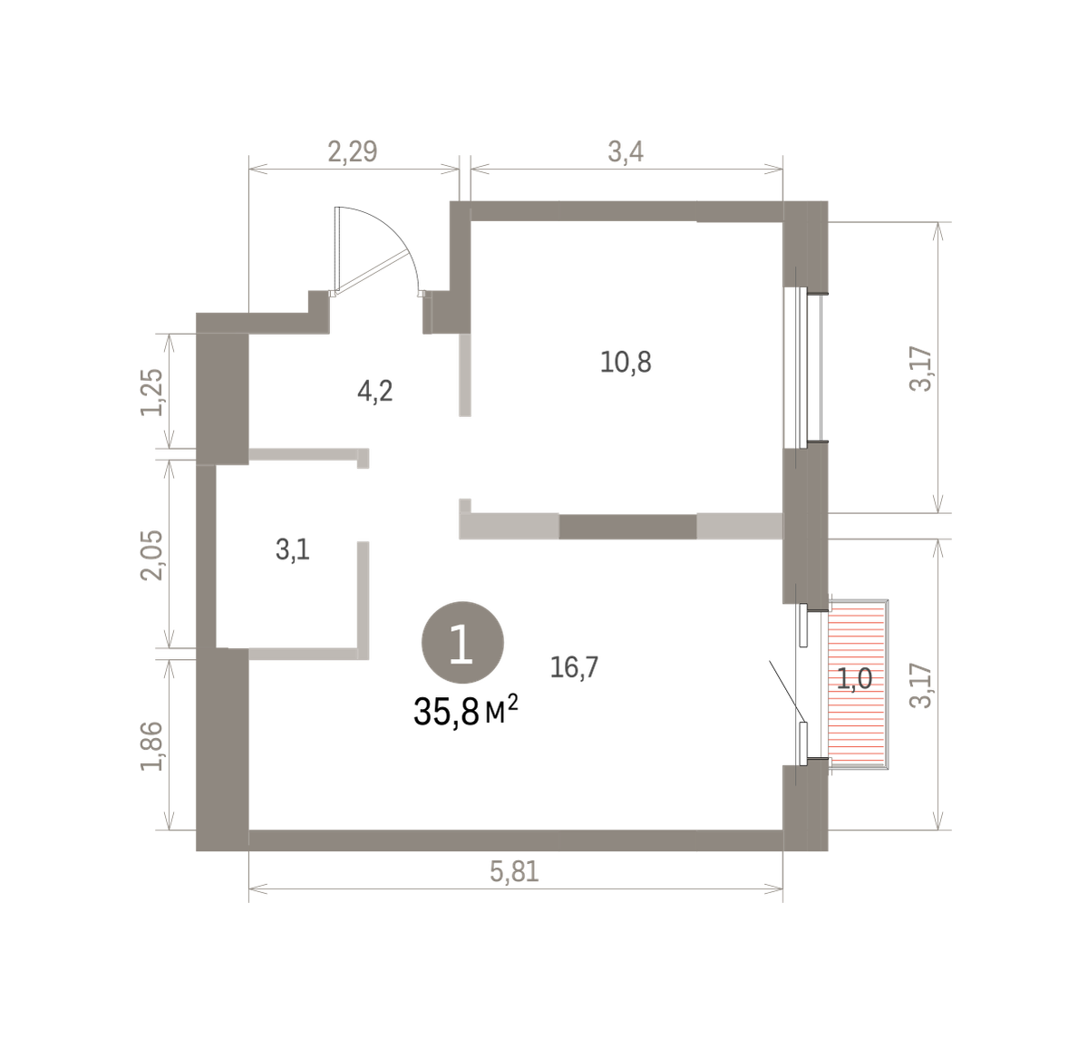 1 комн. Квартира 35.8 кв. м