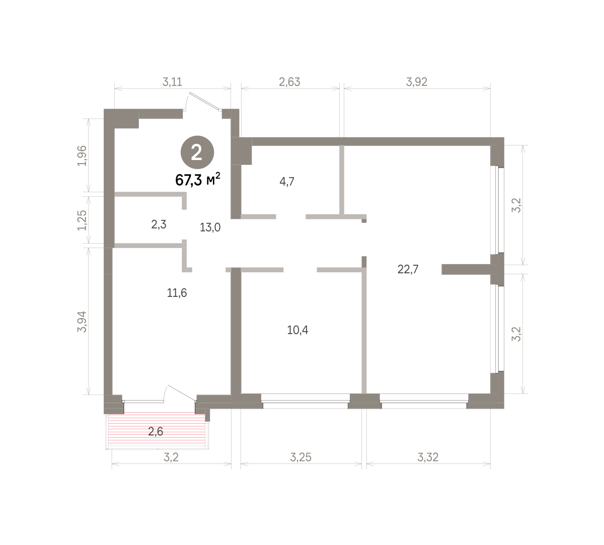 2 комн. Квартира 67.3 кв. м