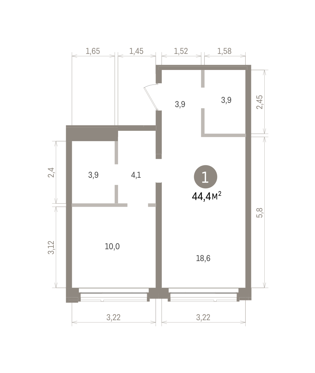 1 комн. Квартира 44.4 кв. м