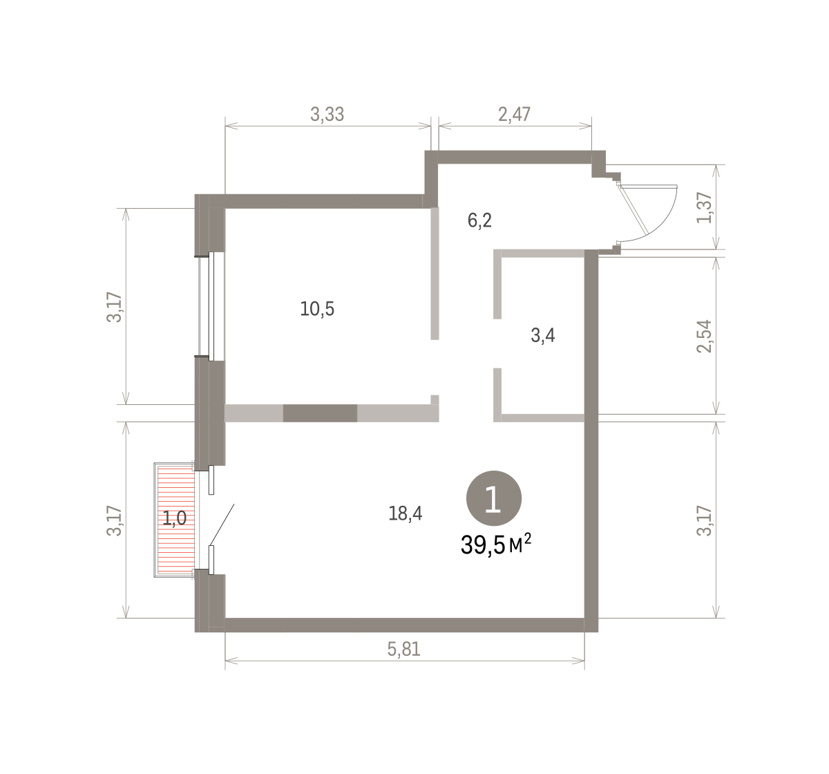 1 комн. Квартира 39.5 кв. м