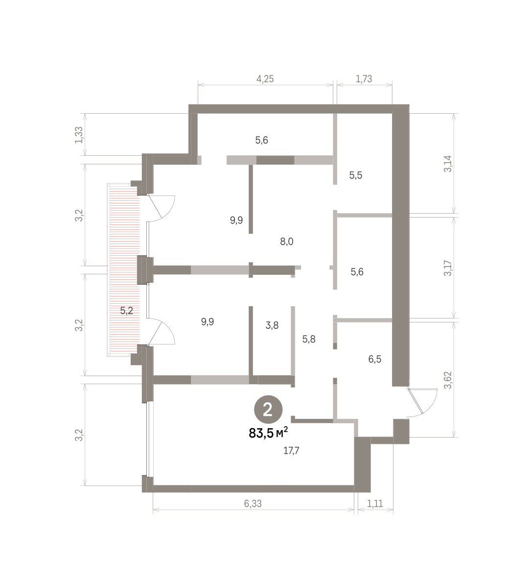 2 комн. Квартира 83.5 кв. м