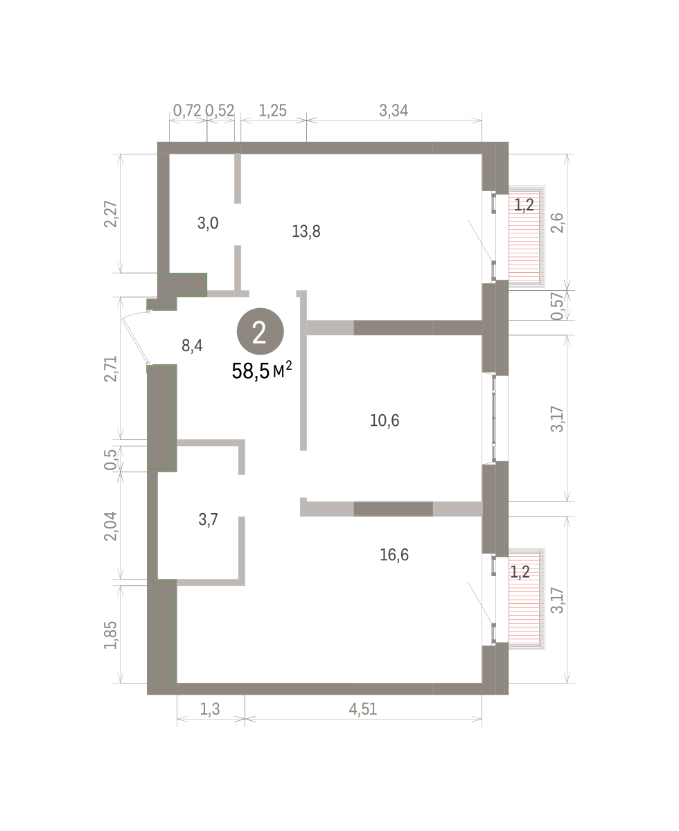 2 комн. Квартира 58.5 кв. м