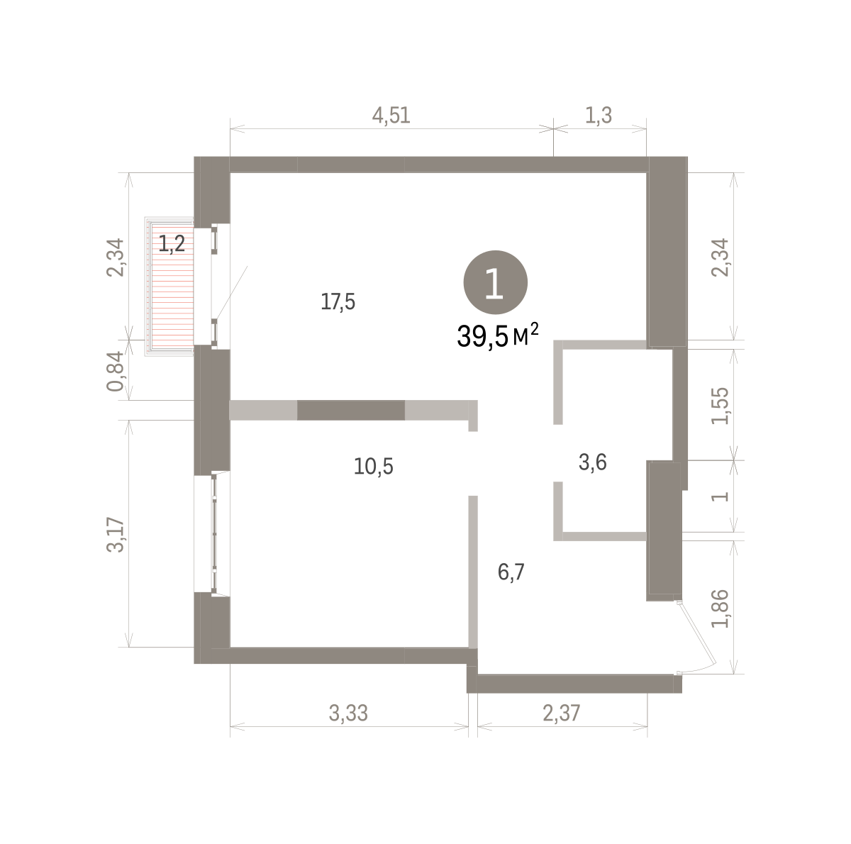 1 комн. Квартира 39.5 кв. м