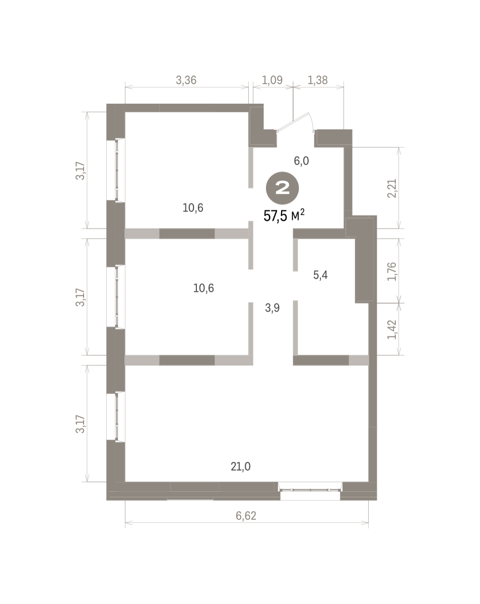 2 комн. Квартира 57.5 кв. м