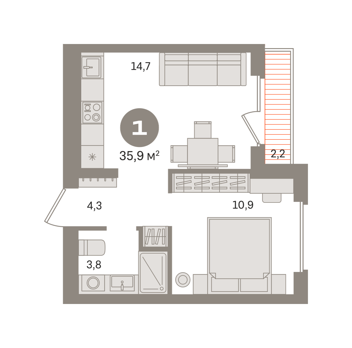 1 комн. Квартира 35.9 кв. м