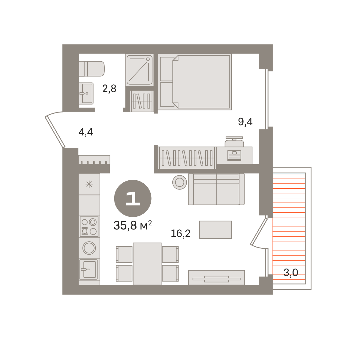 1 комн. Квартира 35.8 кв. м