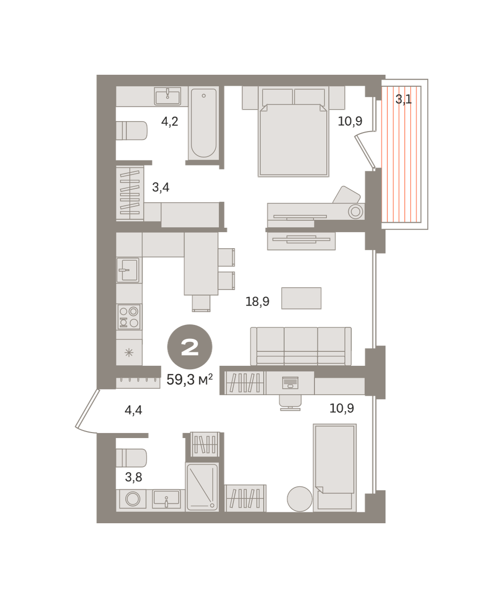2 комн. Квартира 59.3 кв. м