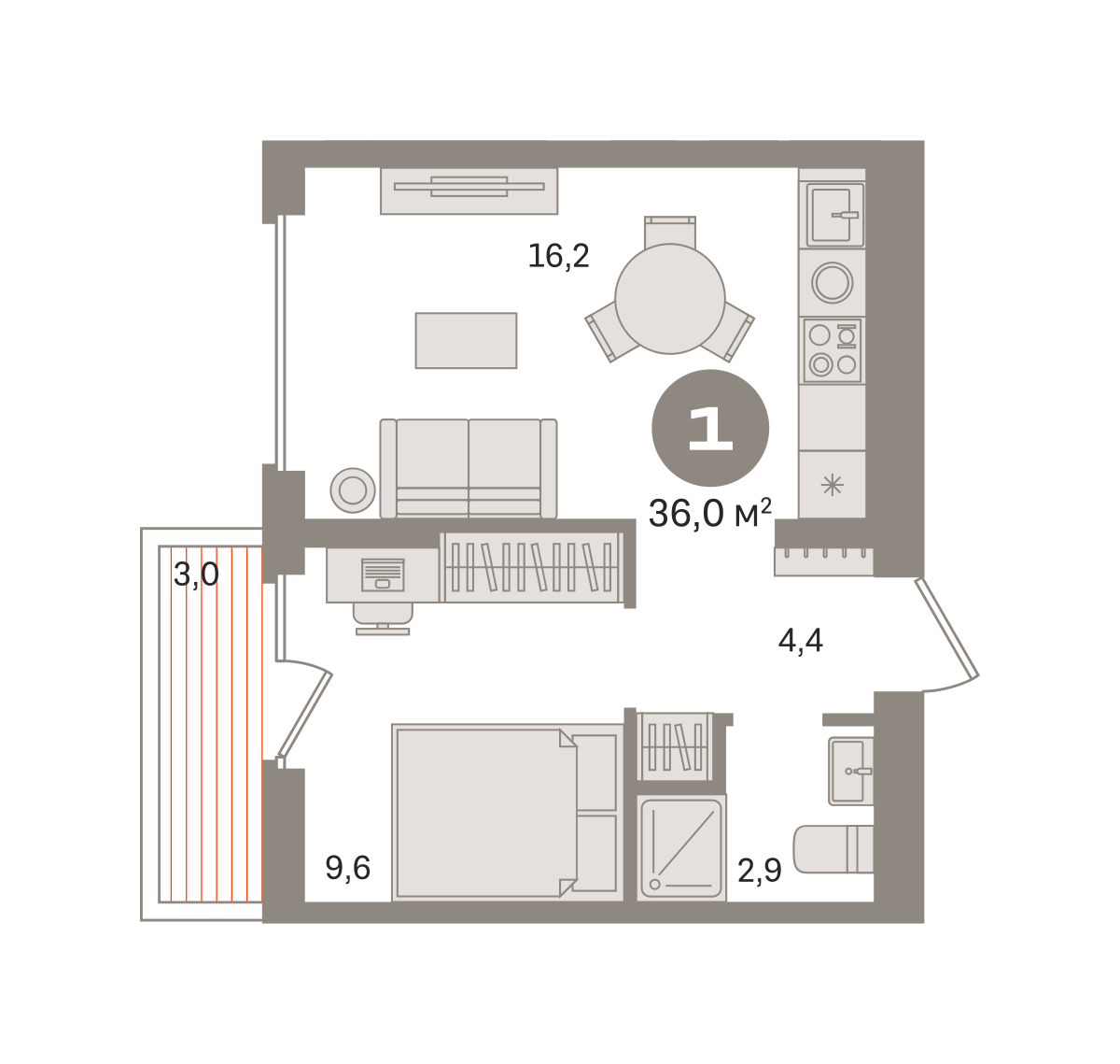 1 комн. Квартира 36 кв. м