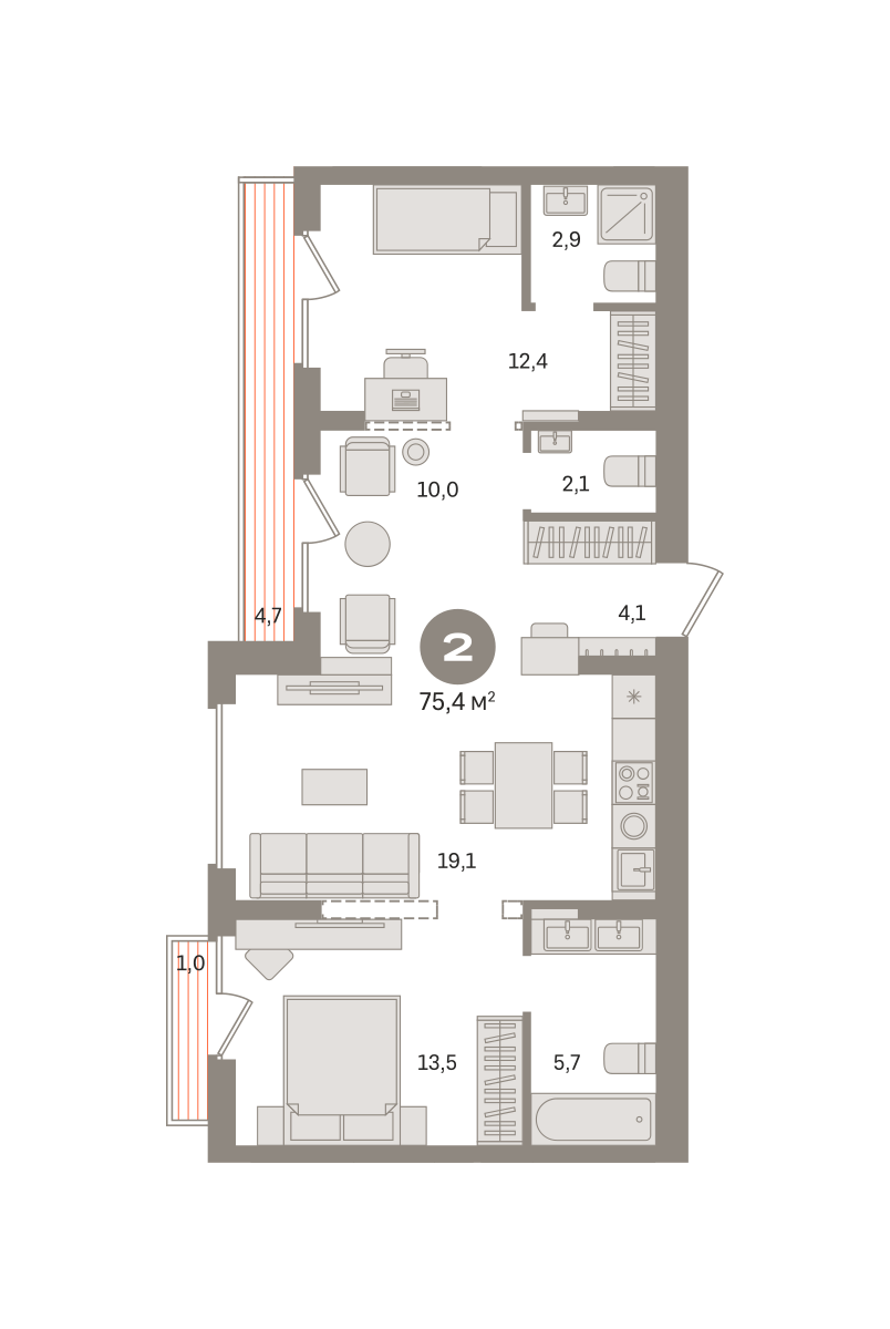 2 комн. Квартира 75.4 кв. м