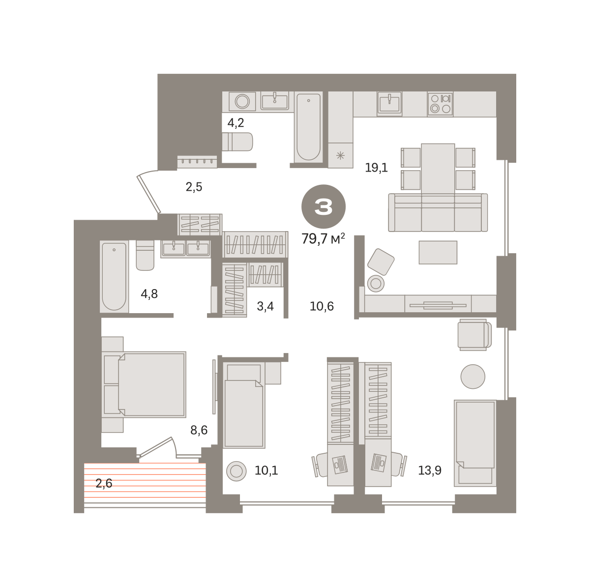 3 комн. Квартира 79.7 кв. м