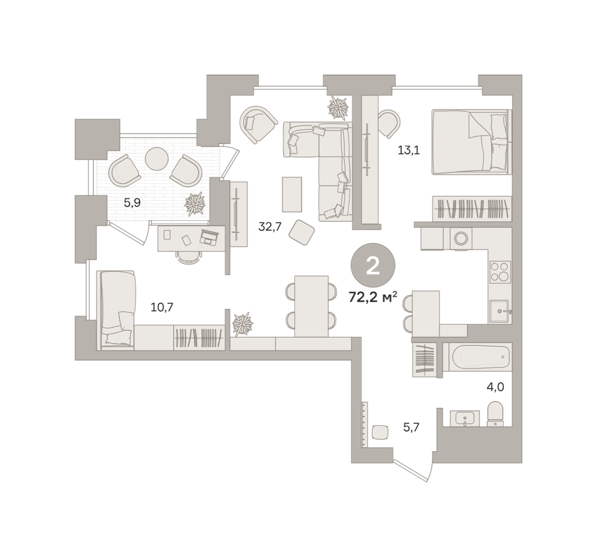 2 комн. Квартира 72.2 кв. м
