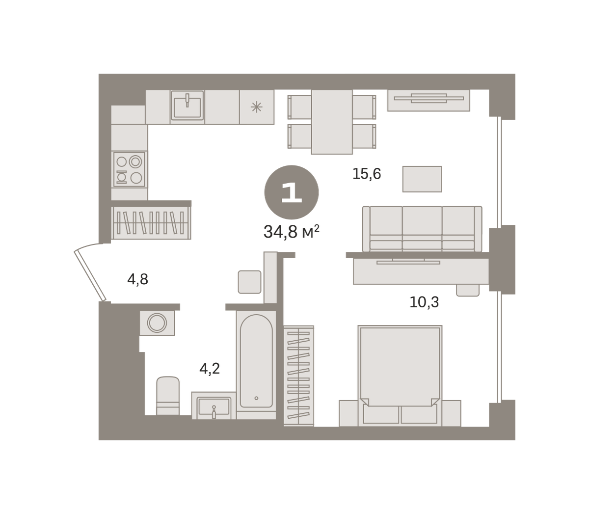 1 комн. Квартира 34.8 кв. м