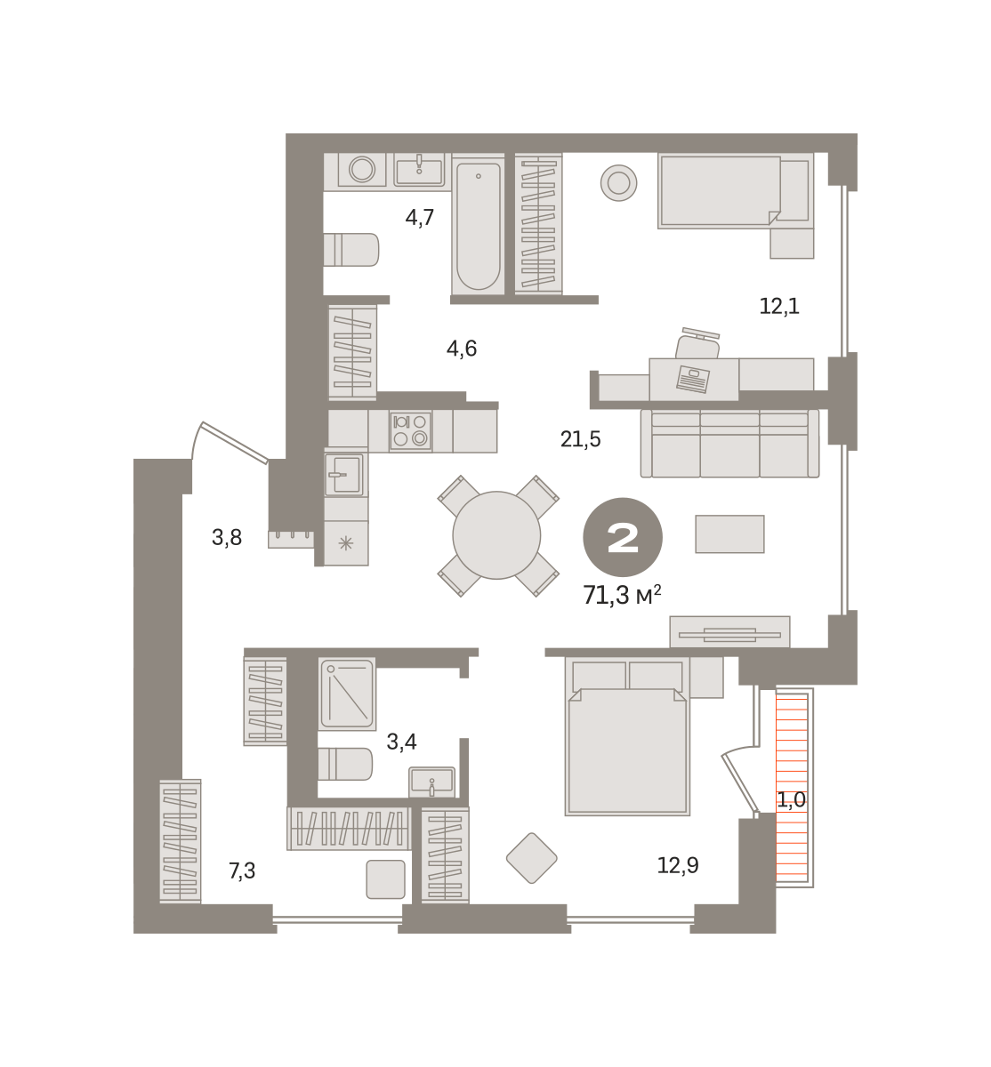 2 комн. Квартира 71.3 кв. м