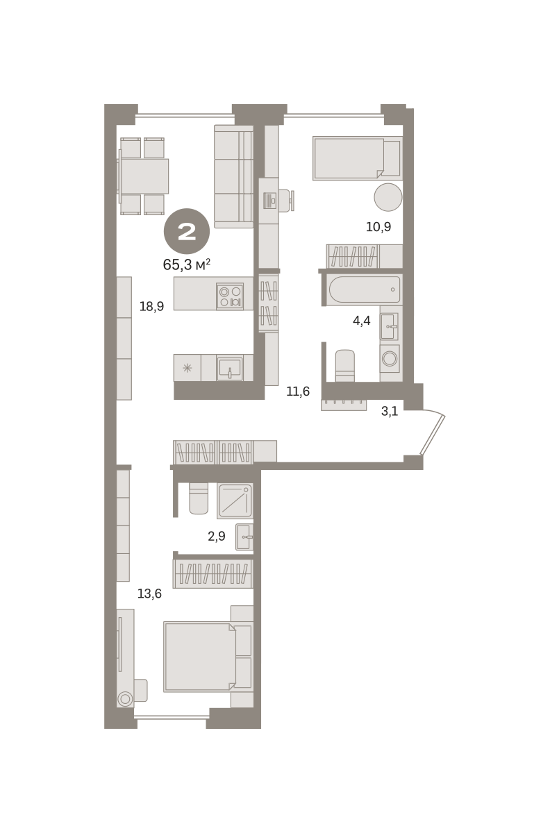 2 комн. Квартира 65.3 кв. м