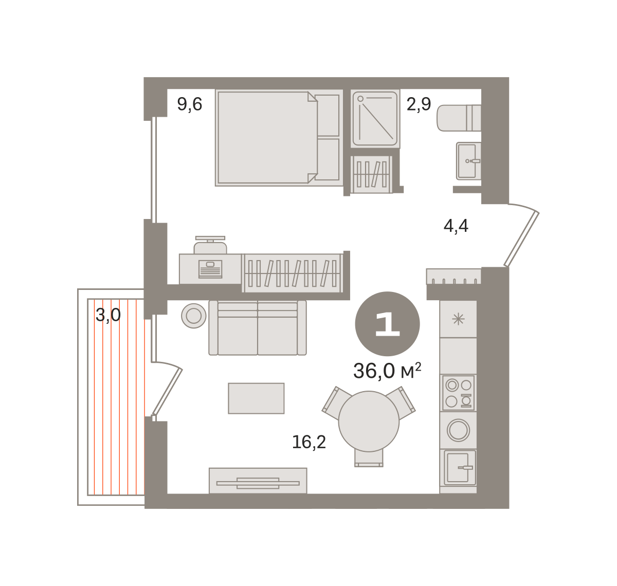 1 комн. Квартира 36 кв. м