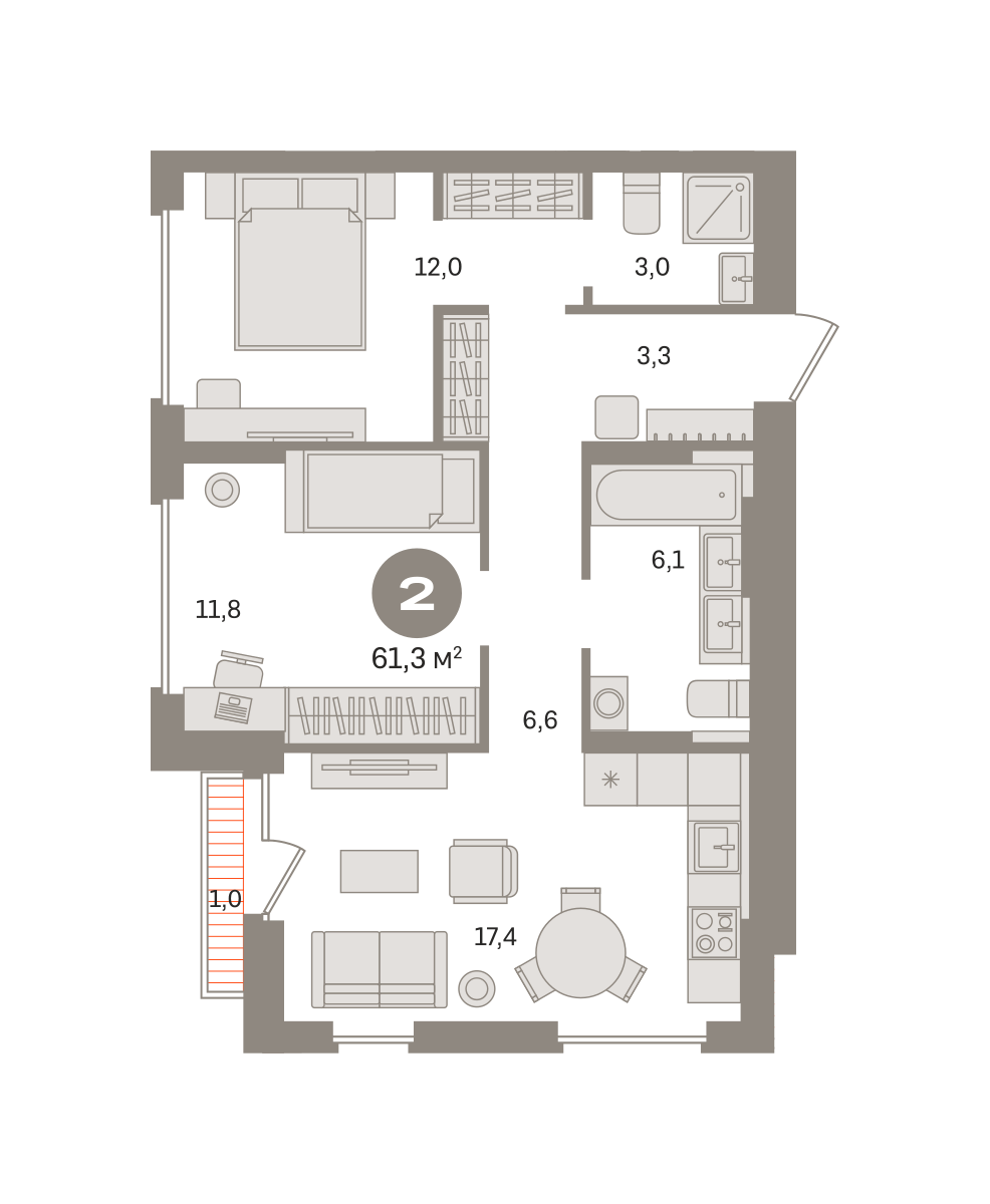 2 комн. Квартира 61.3 кв. м