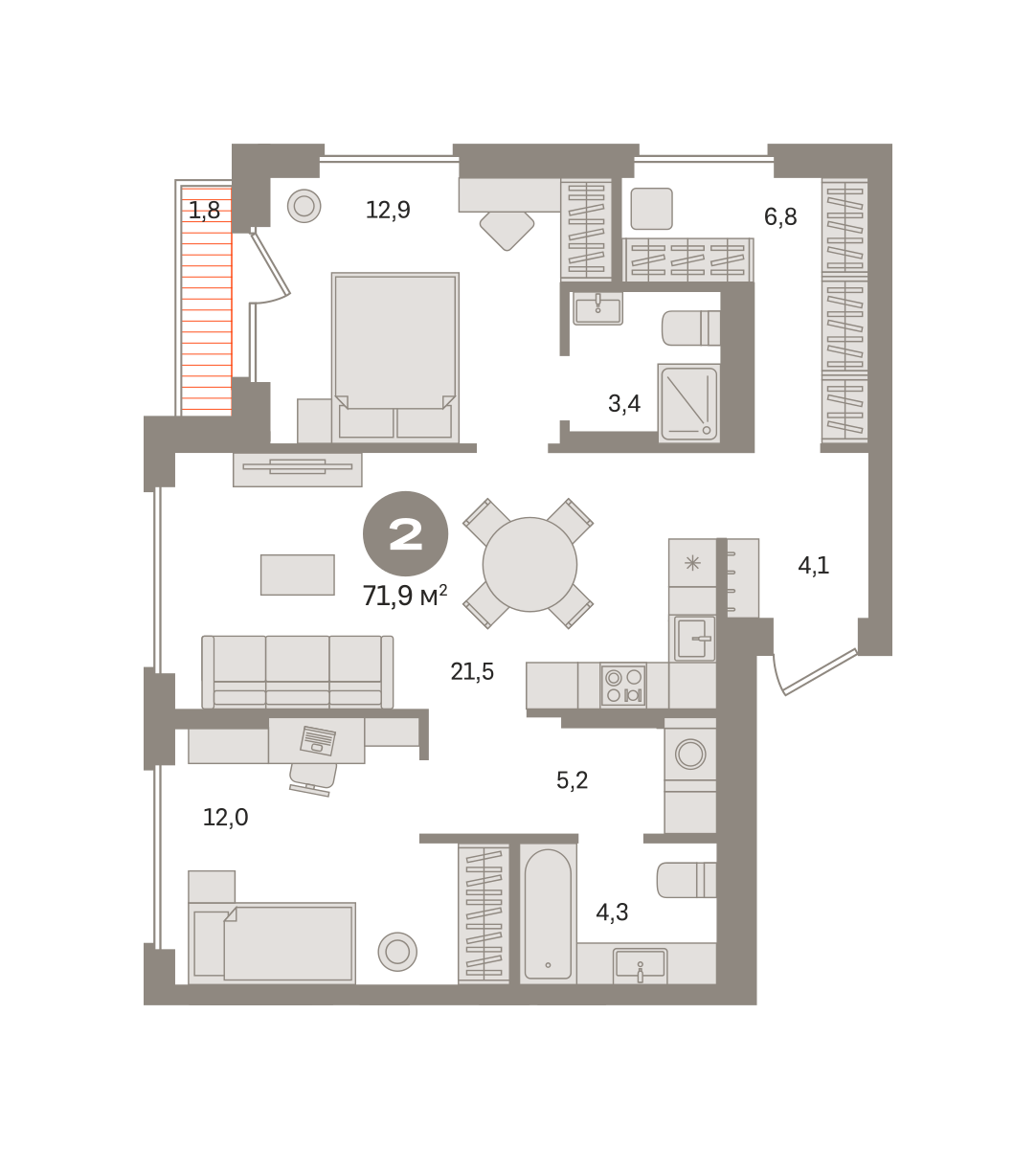 2 комн. Квартира 71.9 кв. м
