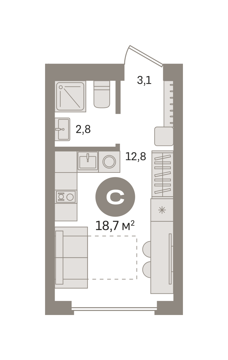 Квартира 18.7 кв. м