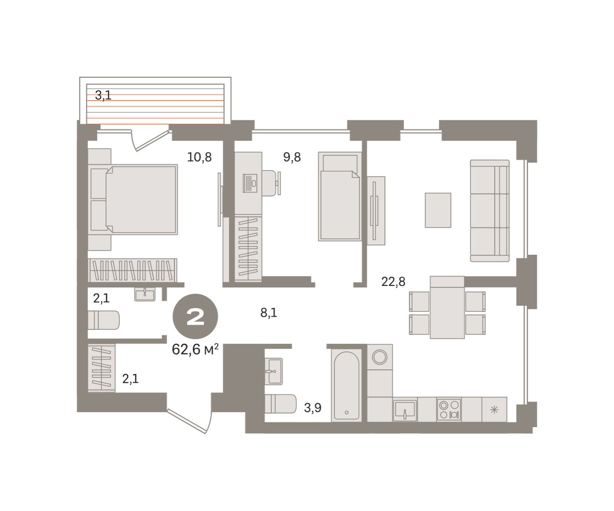 2 комн. Квартира 62.6 кв. м