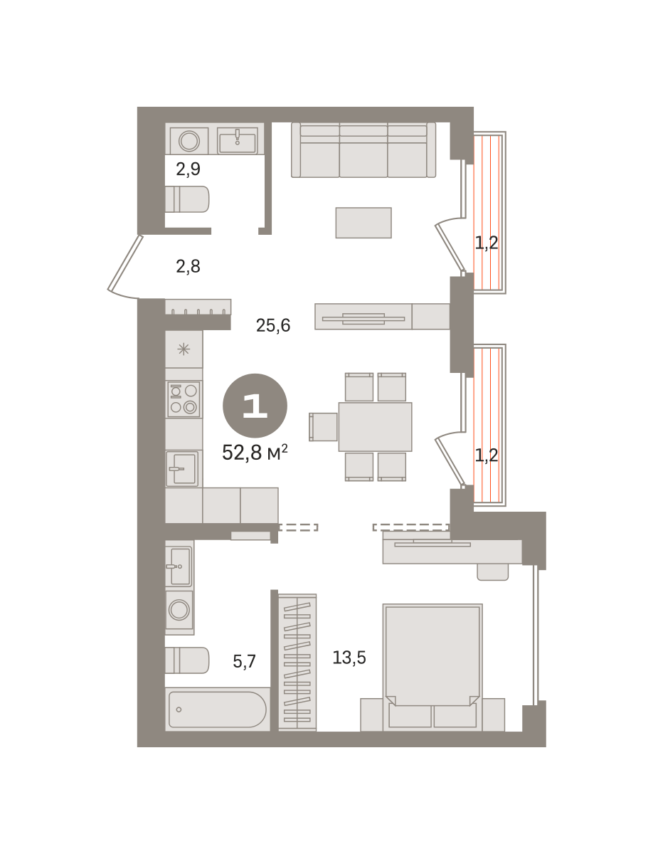 1 комн. Квартира 52.8 кв. м