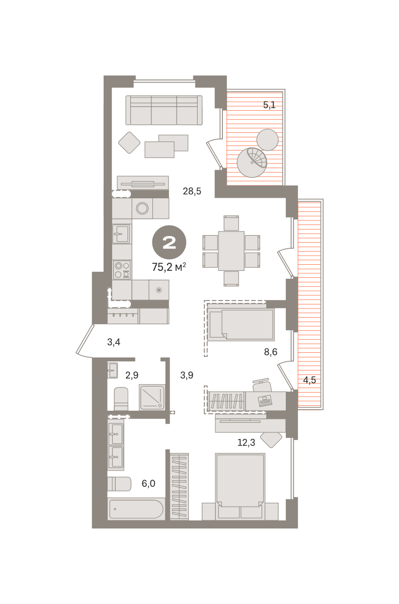 2 комн. Квартира 75.2 кв. м