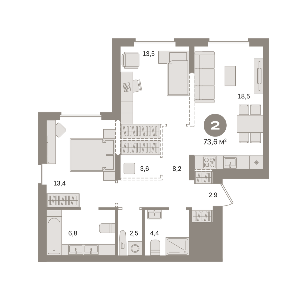 2 комн. Квартира 73.6 кв. м