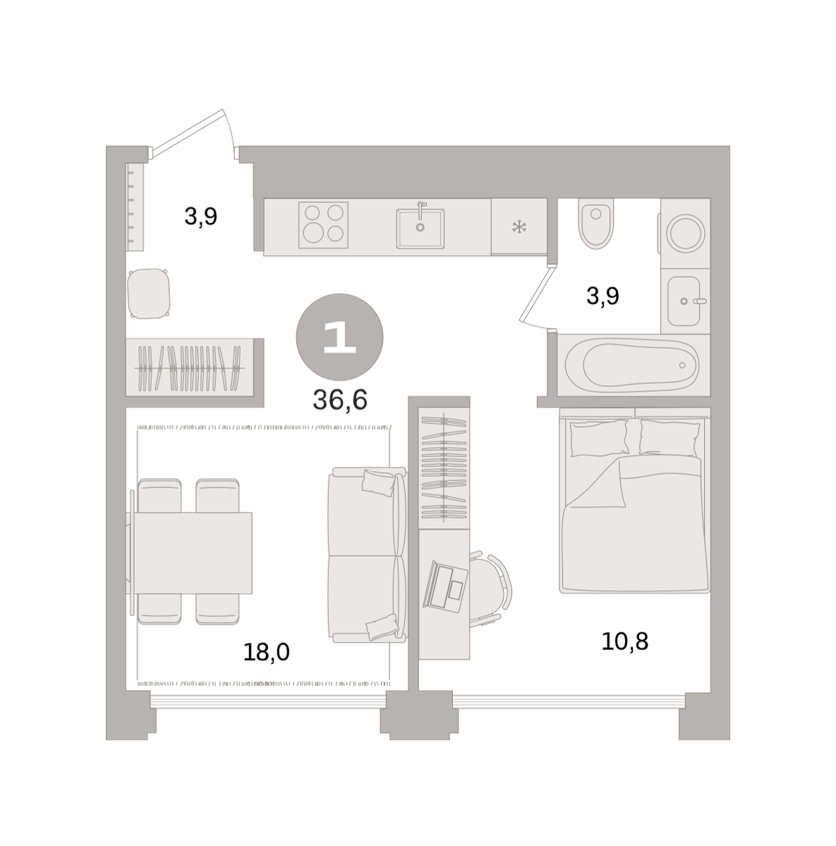 1 комн. Квартира 36.6 кв. м