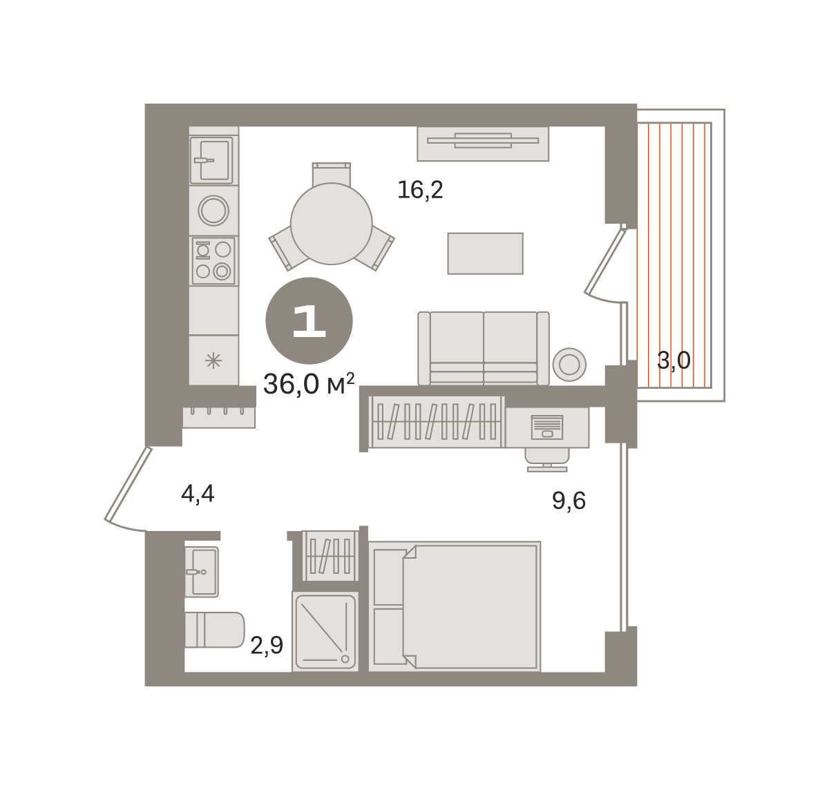 1 комн. Квартира 36 кв. м