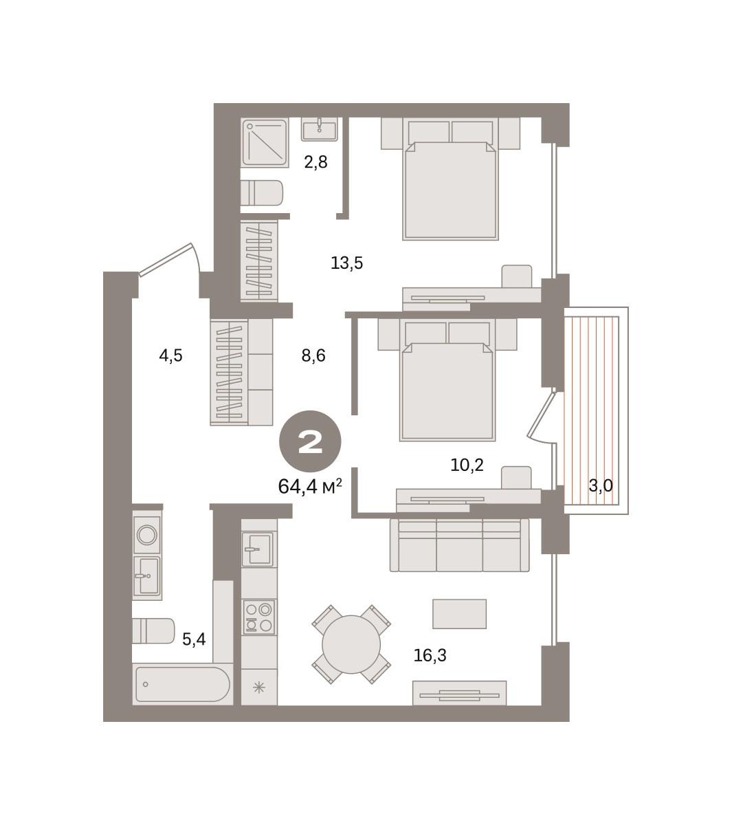 2 комн. Квартира 64.4 кв. м