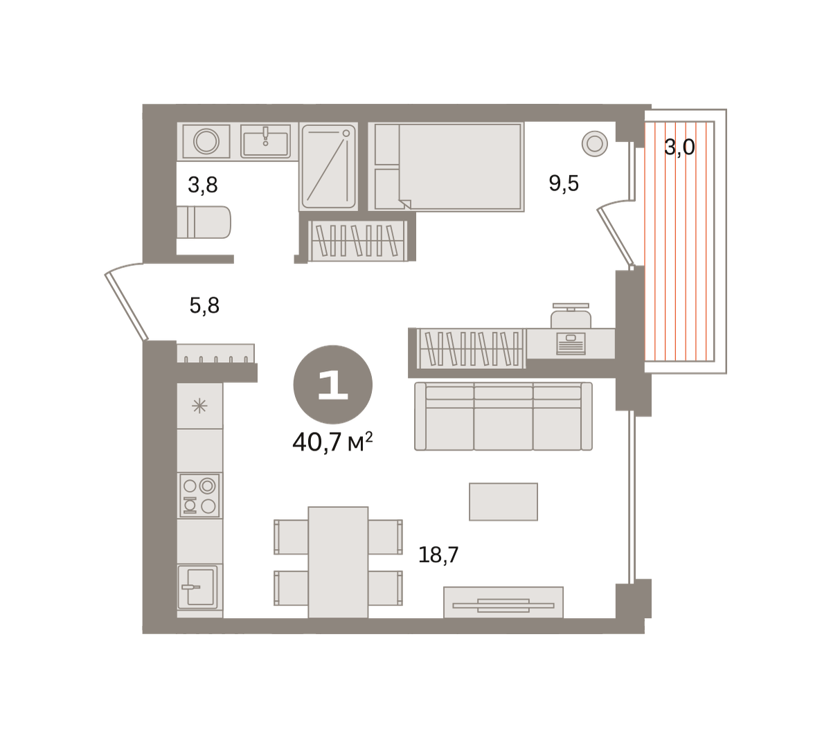 1 комн. Квартира 40.7 кв. м