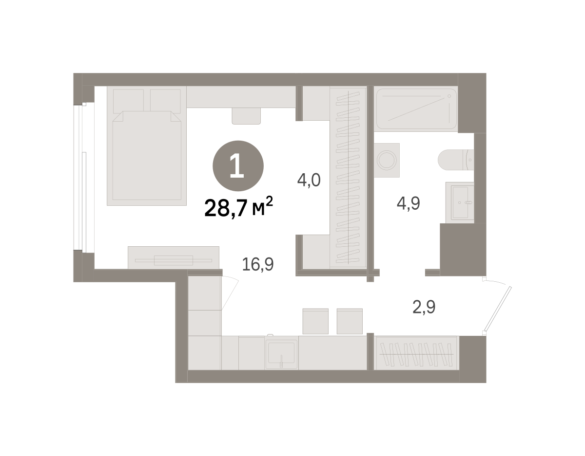 1 комн. Квартира 28.7 кв. м