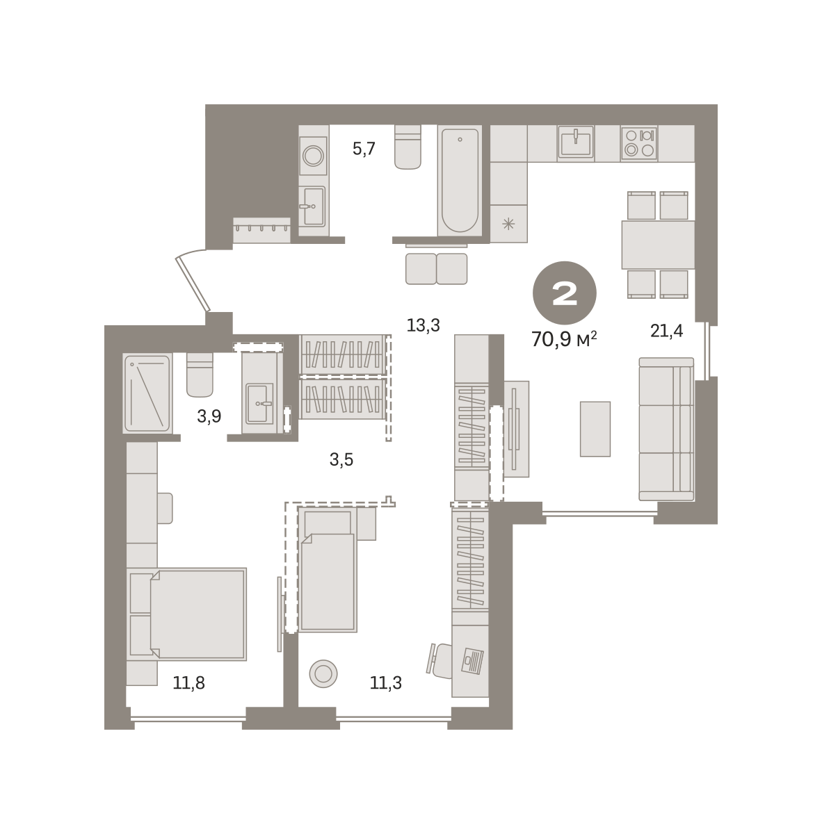 2 комн. Квартира 70.9 кв. м