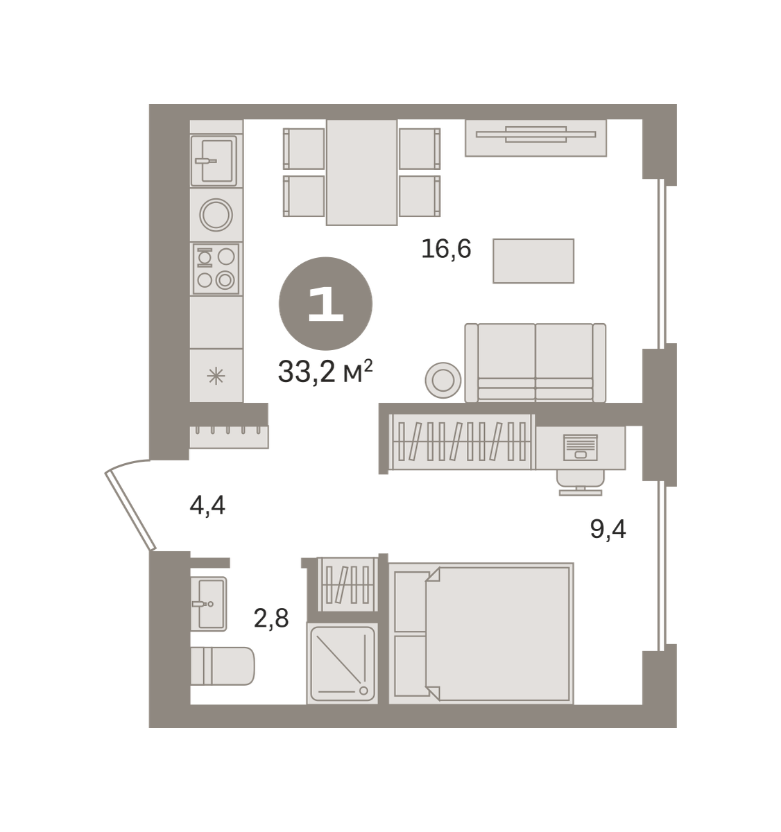 1 комн. Квартира 33.2 кв. м