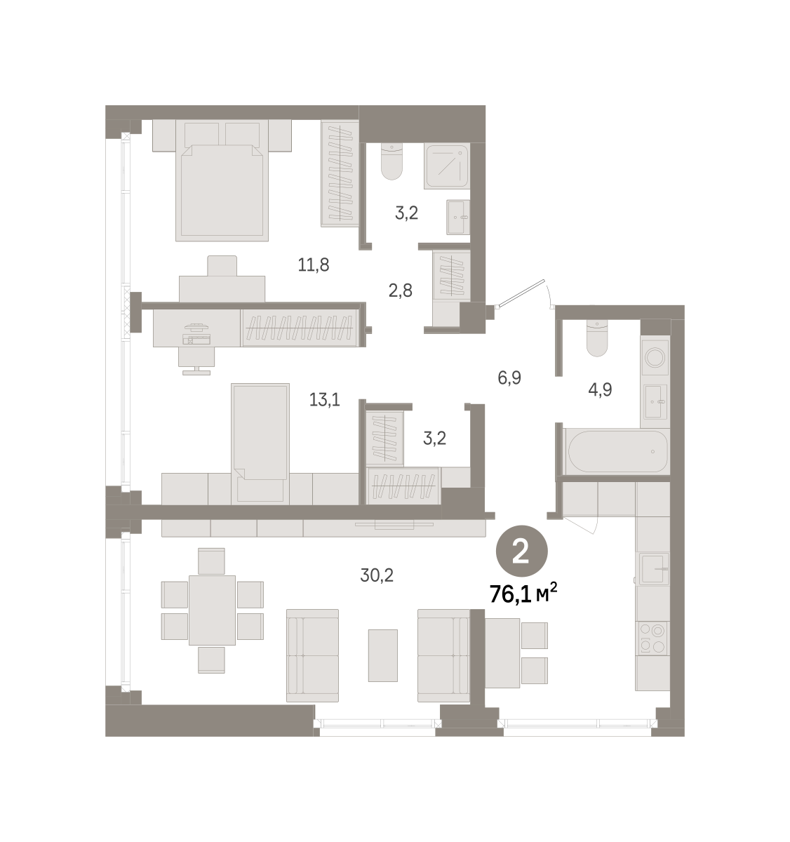 2 комн. Квартира 76.1 кв. м