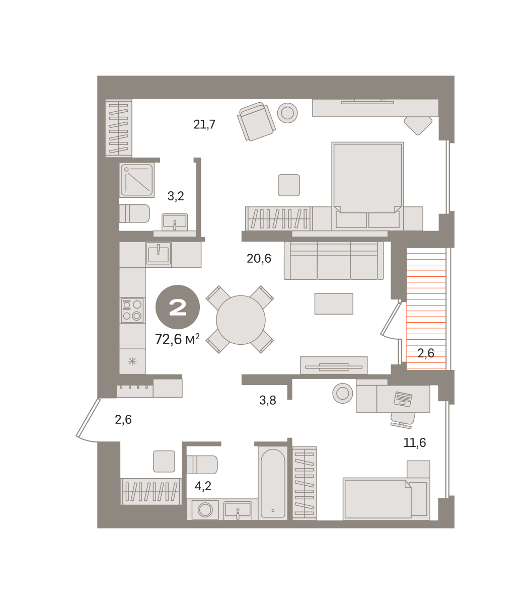 2 комн. Квартира 72.6 кв. м