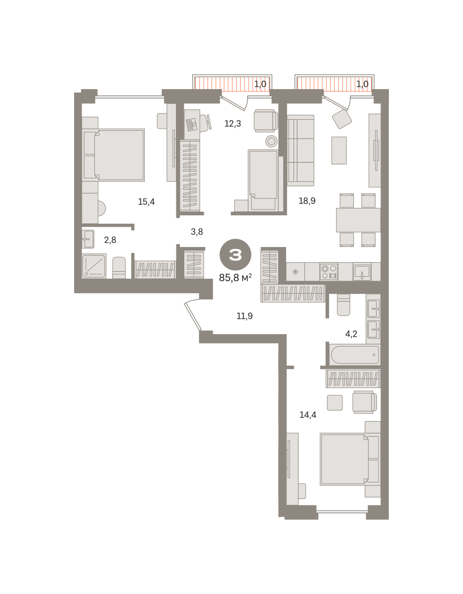 3 комн. Квартира 85.8 кв. м