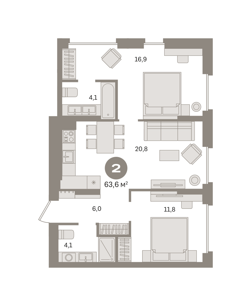 2 комн. Квартира 63.6 кв. м